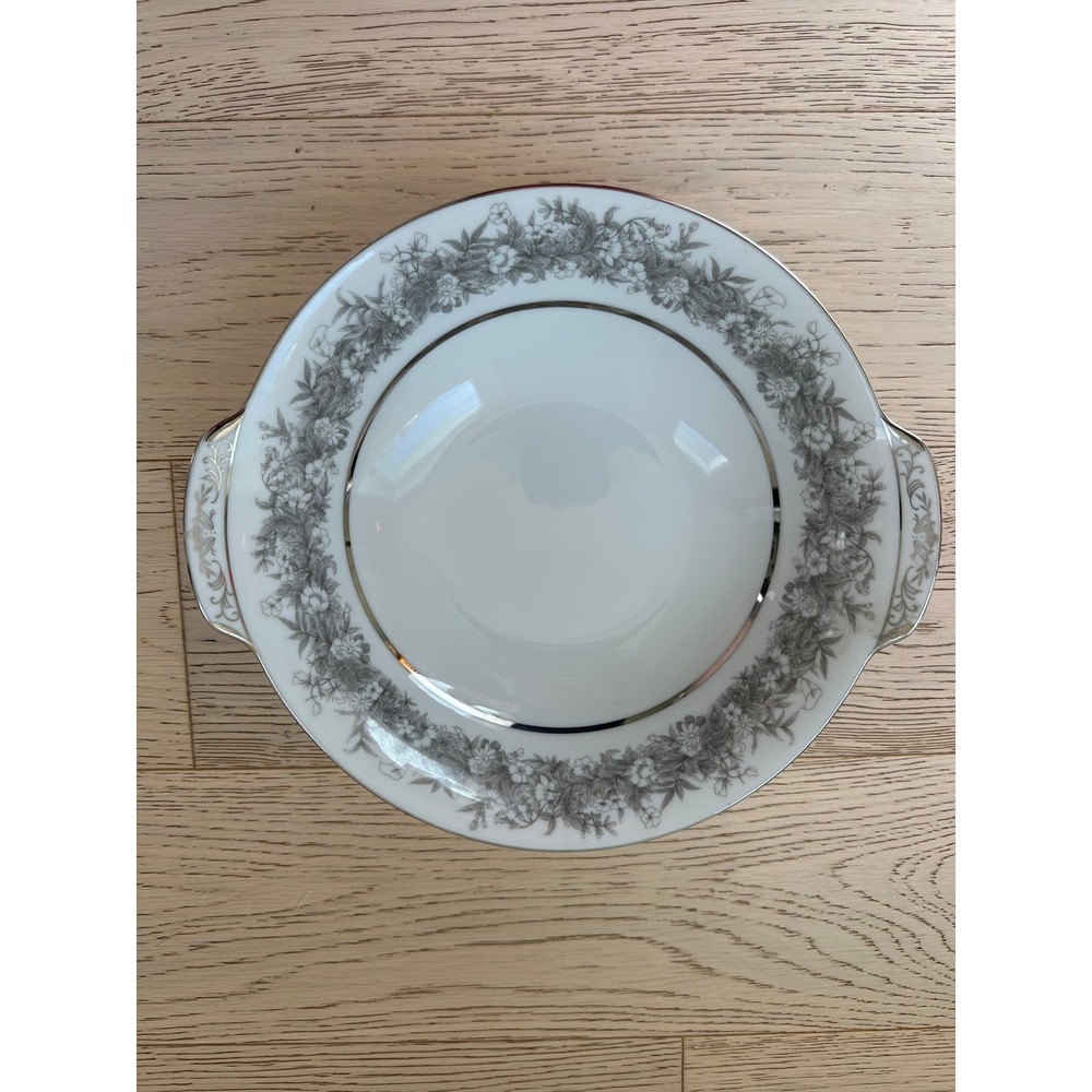 Sango Florentine Japan Round Handled Vegetable Bowl Grey Floral Platinum Trim